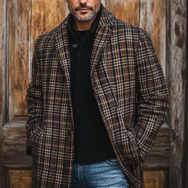 Men's Vintage Outdoor Plaid Dark Brown Woolen Coat - Trisunshine.com 