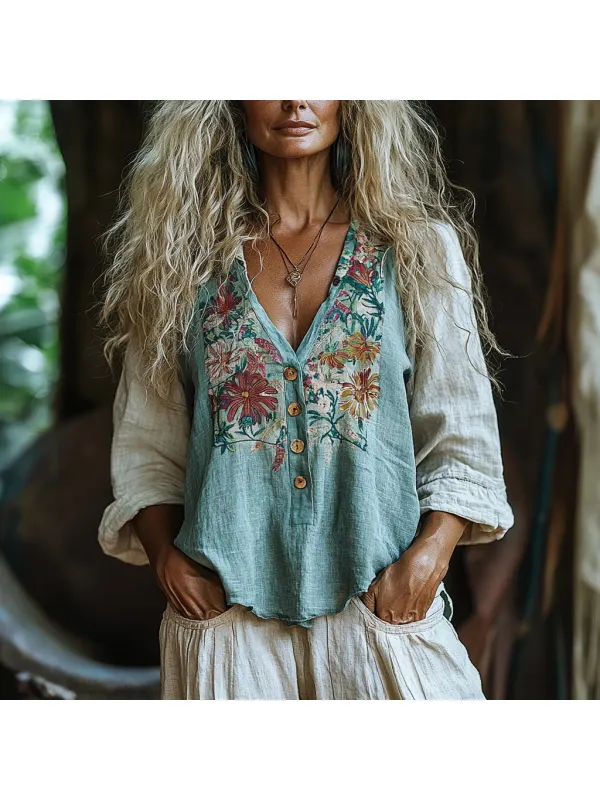 Women's Linen Bohemian Flower Print Contrasting Color Long-sleeved Shirt - Cominbuy.com 