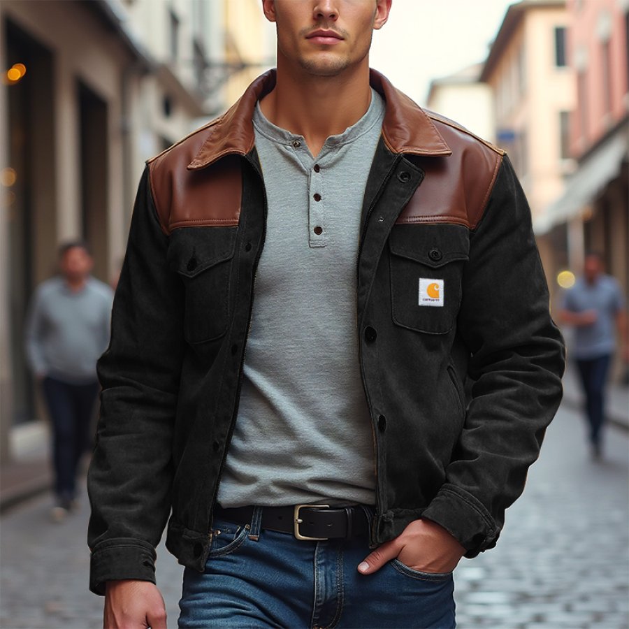 

Men's Vintage Outdoor Patchwork Contrasting Leather Black Jacket