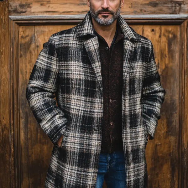 Men's Vintage Outdoor Plaid Dark Khaki Woolen Coat - Elementnice.com 