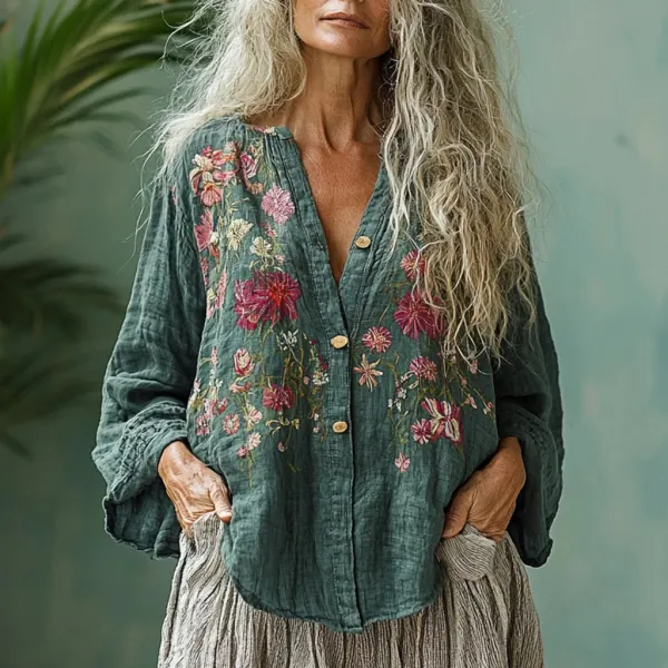 Women's Linen Bohemian Flower Print Casual Long-sleeved Shirt - Dozenlive.com 