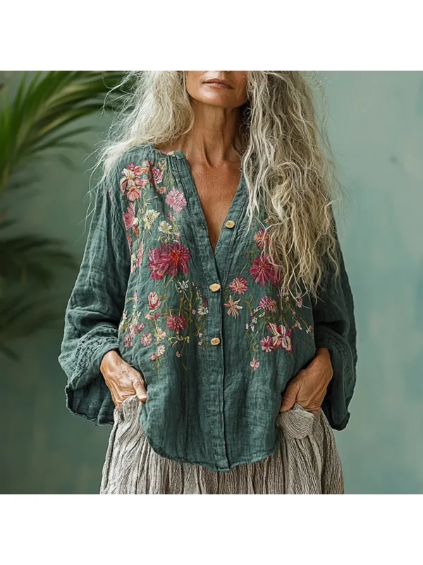 Women's Linen Bohemian Flower Print Casual Long-sleeved Shirt - Anrider.com 