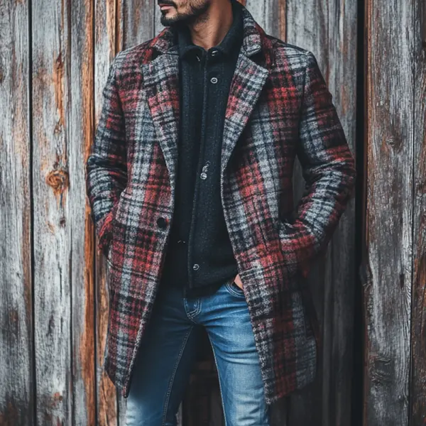 Men's Vintage Outdoor Plaid Dark Gray Woolen Coat - Trisunshine.com 