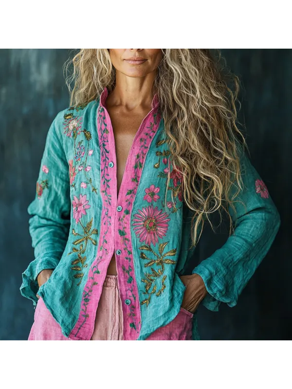 Women's Linen Bohemian Flower Print Long-sleeved Shirt - Cominbuy.com 