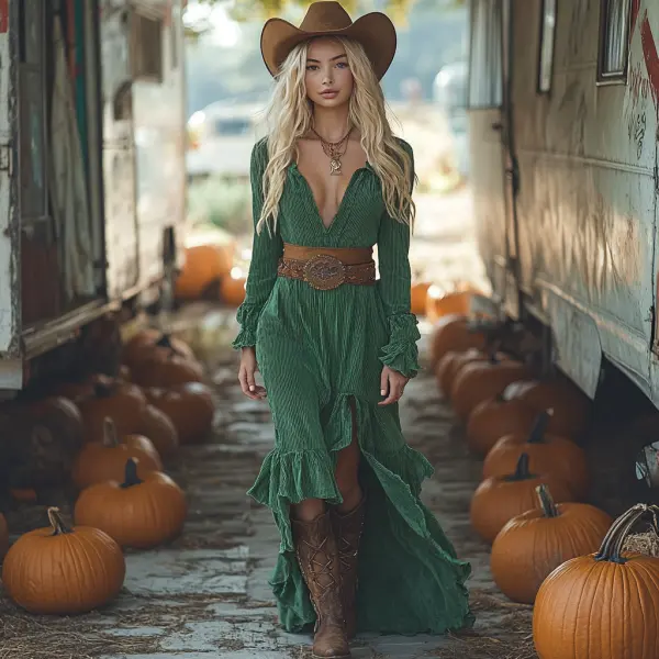 Vintage Cowgirl Style Halloween Corduroy Dress - Trisunshine.com 