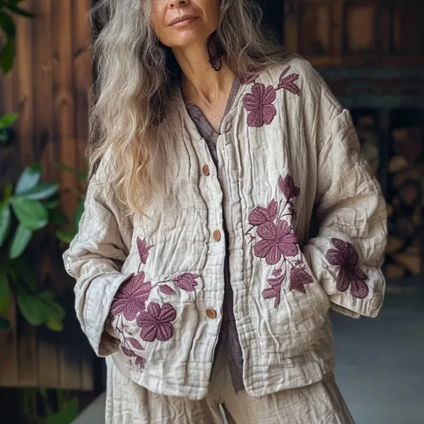 Women's Linen Floral Print Casual Jacket - Nicheten.com 