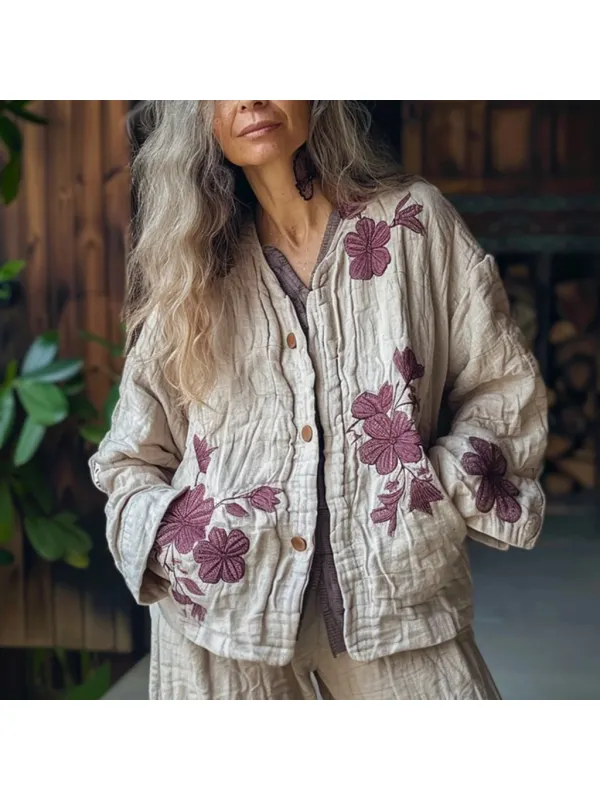 Women's Linen Floral Print Casual Jacket - Realyiyi.com 