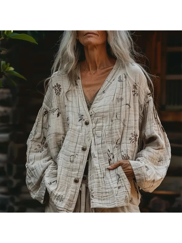 Women's Linen Mini Floral Casual Jacket - Cominbuy.com 