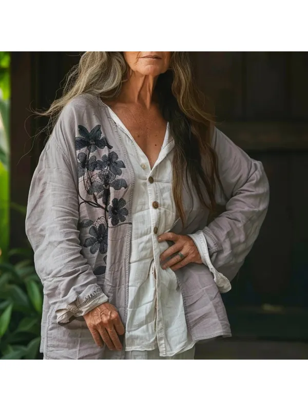 Women's Linen Flower Simple Loose Jacket - Viewbena.com 