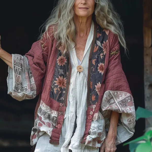 Women's Linen Bohemian Print Patchwork Linen Jacket - Trisunshine.com 