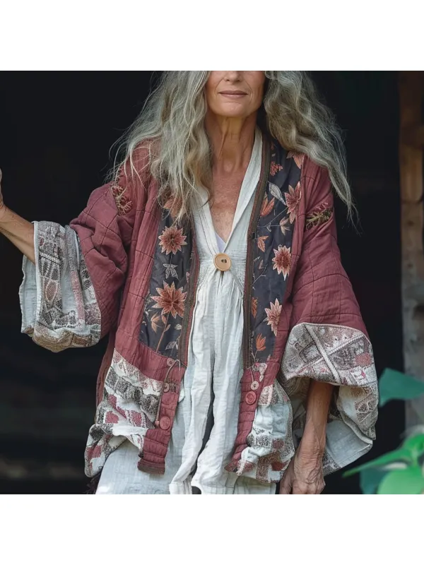 Women's Linen Bohemian Print Patchwork Linen Jacket - Realyiyi.com 