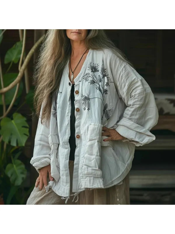 Women's Linen Flower Light Casual Jacket - Realyiyi.com 