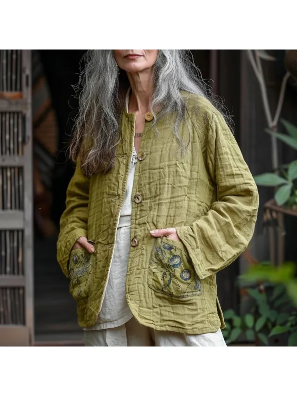 Women's Linen Mini Floral Causal Loose Jacket - Realyiyi.com 