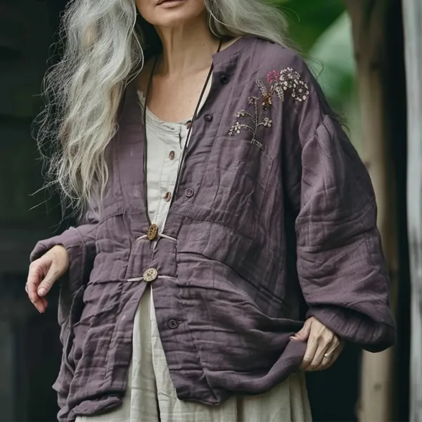 Women's Autumn & Winter Linen Flower Simple Loose Jacket - Nicheten.com 