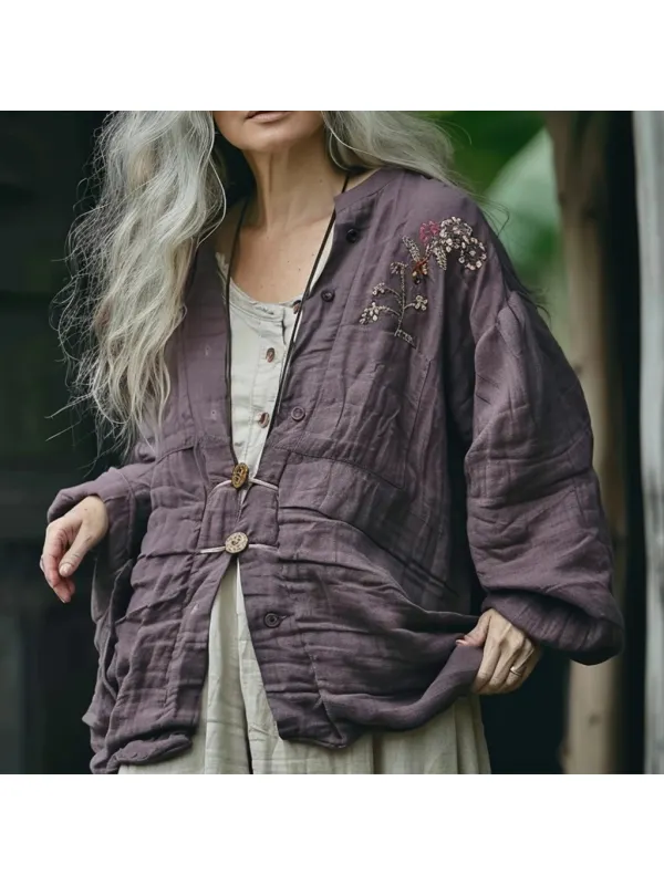 Women's Autumn & Winter Linen Flower Simple Loose Jacket - Viewbena.com 