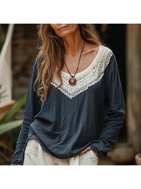 Women's Large V-neck Lace Stitching Temperament T-shirt - Viewbena.com 