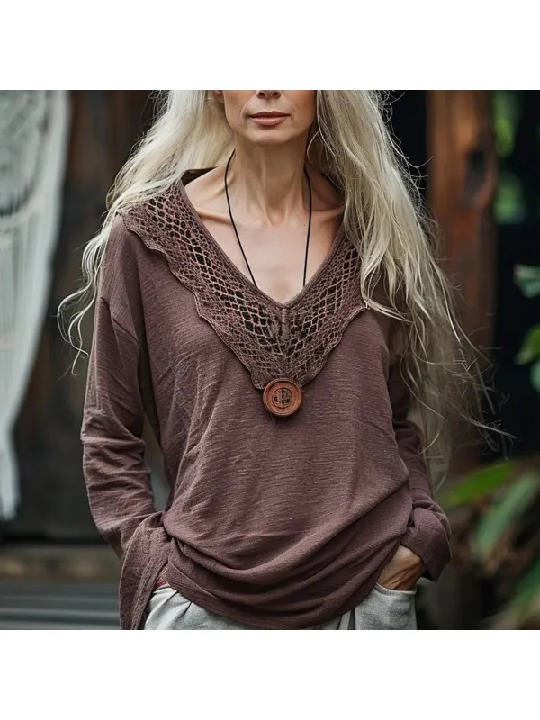 Women's Large V-neck Lace Stitching Temperament Casual T-shirt - Realyiyishop.com 