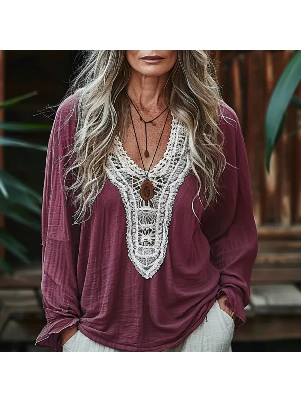 Women's Large V-neck Lace Stitching Loose Temperament T-shirt - Realyiyi.com 