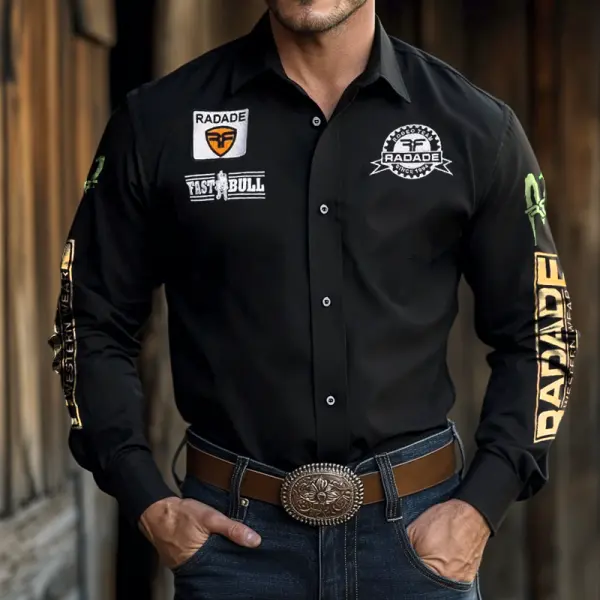 Men's Western Cowboy Outdoor PBR Teams Black Solid Color Button Long Sleeved Collar Shirts - Anurvogel.com 