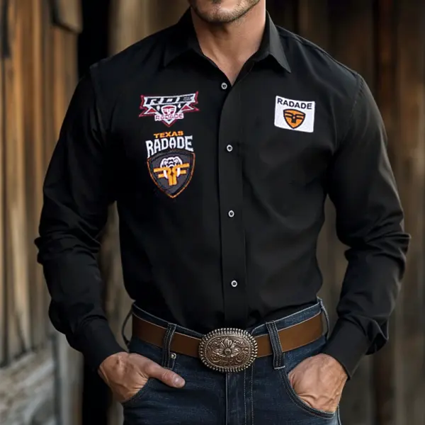 Men's Western Cowboy Vintage Outdoor PBR Teams Black Solid Color Button Long Sleeved Collar Shirts - Rabclub.com 