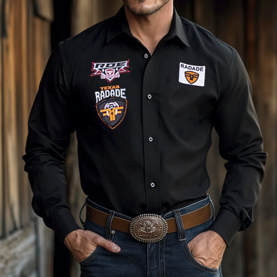 

Men's Western Cowboy Vintage Outdoor PBR Teams Black Solid Color Button Long Sleeved Collar Shirts