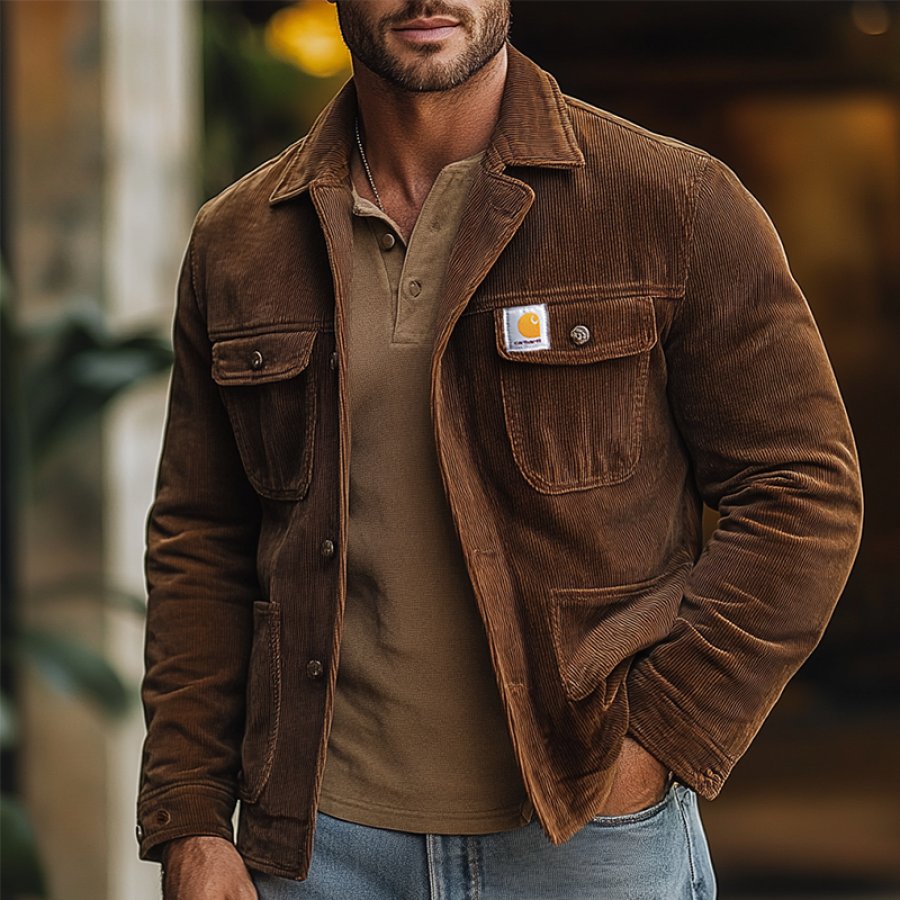 

Men's Vintage Corduroy Pocket Cowboy Style Outwear Shirt Jacket Brown