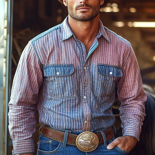 Retro Western Cowboy Men's Casual Long Sleeve Shirt - Anurvogel.com 