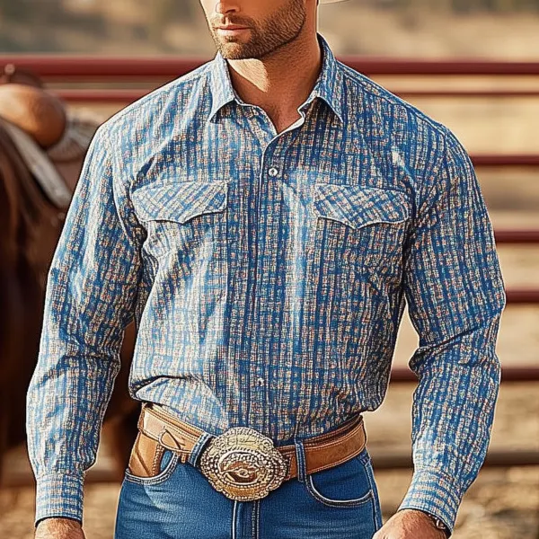 Retro Western Cowboy Men's Casual Long Sleeve Shirt - Menzfolk.com 