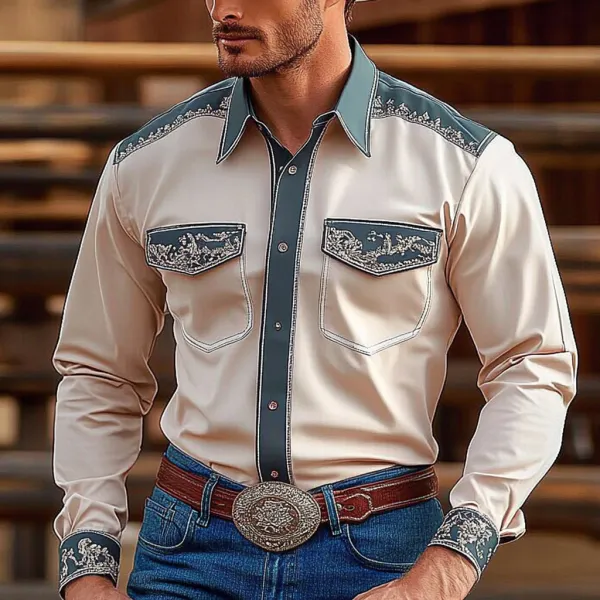 Retro Western Cowboy Men's Casual Long Sleeve Shirt - Fineyoyo.com 