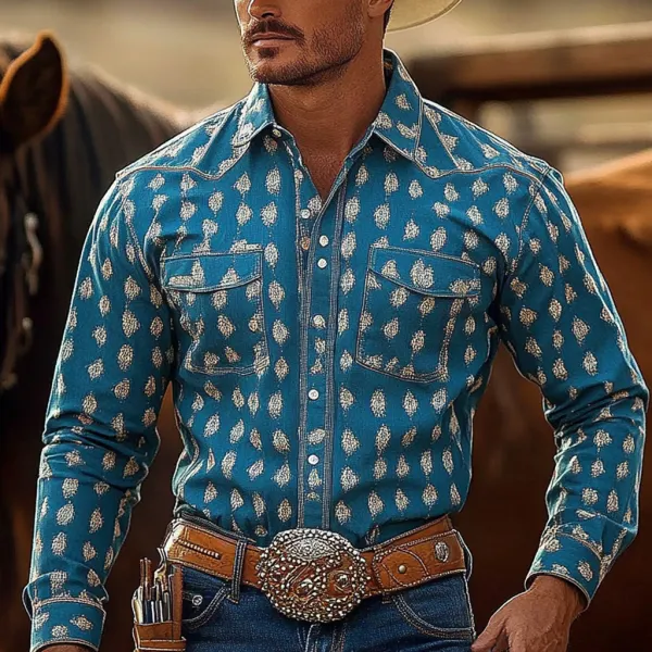 Retro Western Cowboy Men's Casual Long Sleeve Shirt - Menzfolk.com 