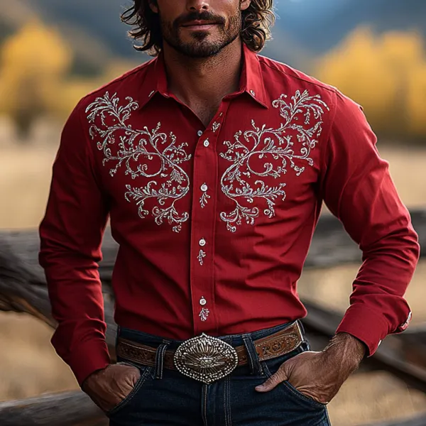 Retro Western Cowboy Men's Casual Long Sleeve Shirt - Anurvogel.com 