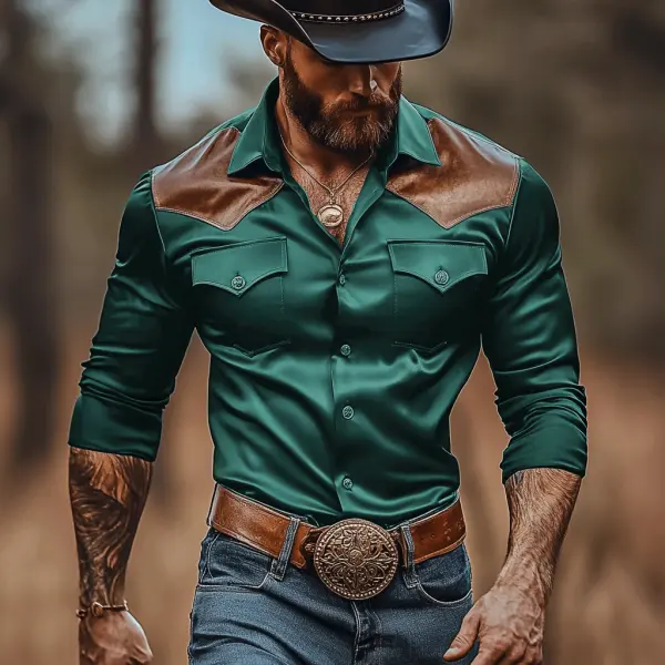 Men's Western-Pattern Satin Long Sleeve Shirt - Fineyoyo.com 