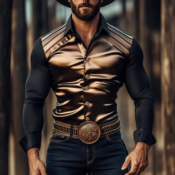 Men's Western Stitching Satin Personalized Long Sleeve Shirt - Fineyoyo.com 