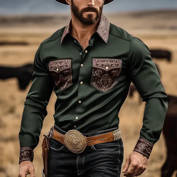 Men's Western Ethnic Patchwork Satin Personality Long Sleeve Shirt - Craftshock.com 