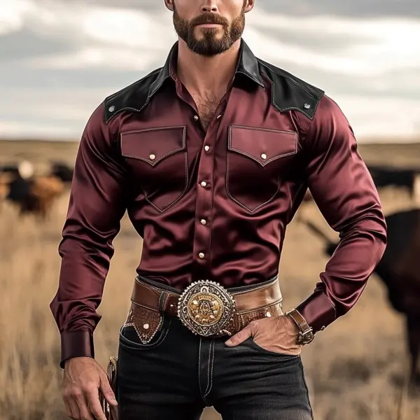 Men's Western Satin Leather Panel Long Sleeve Shirt - Mobivivi.com 