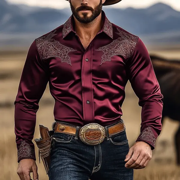 Mens Western Satin Ethnic Simple Casual Long Sleeve Shirts - Bustalent.com 