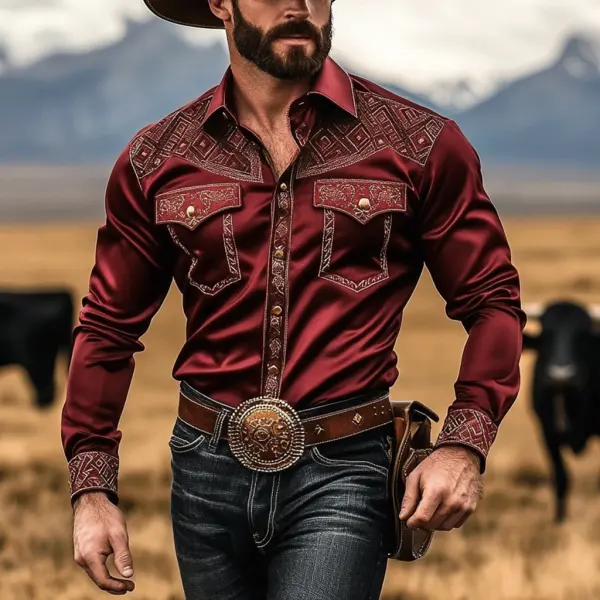 Men's Western Aztec Satin Statement Long Sleeve Shirt - Bustalent.com 