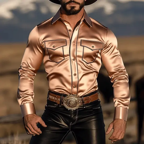 Men's Western Satin Solid Simple Long Sleeve Shirt - Craftshock.com 