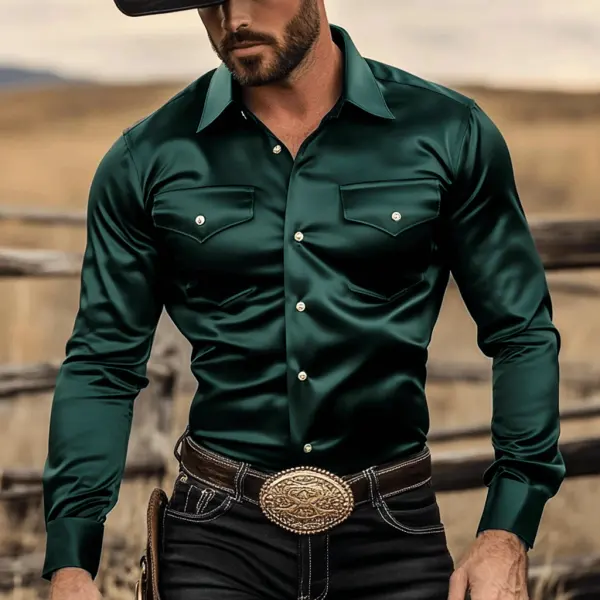 Men's Western Satin Solid Long Sleeve Shirt - Fineyoyo.com 