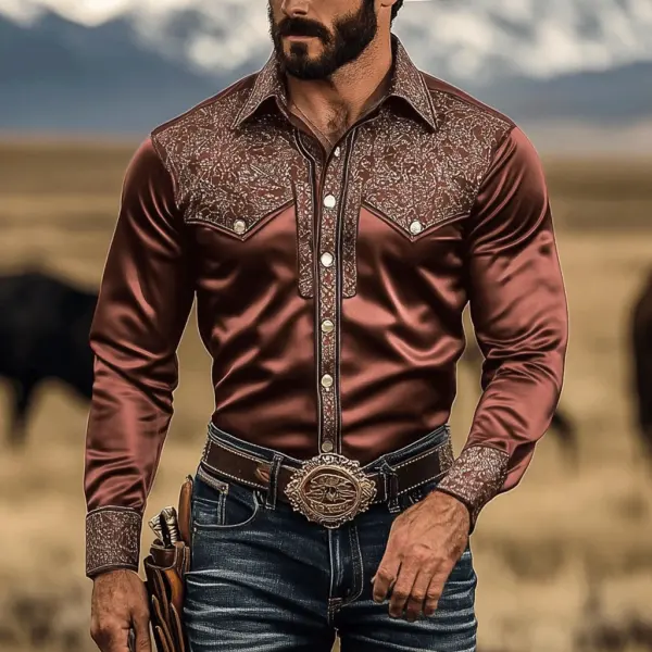 Men's Western Stitching Satin Personalized Casual Long Sleeve Shirt - Villagenice.com 