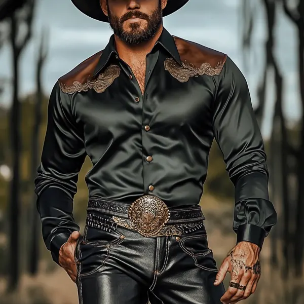 Men's Western Leather And Satin Casual Long Sleeve Shirt - Craftshock.com 