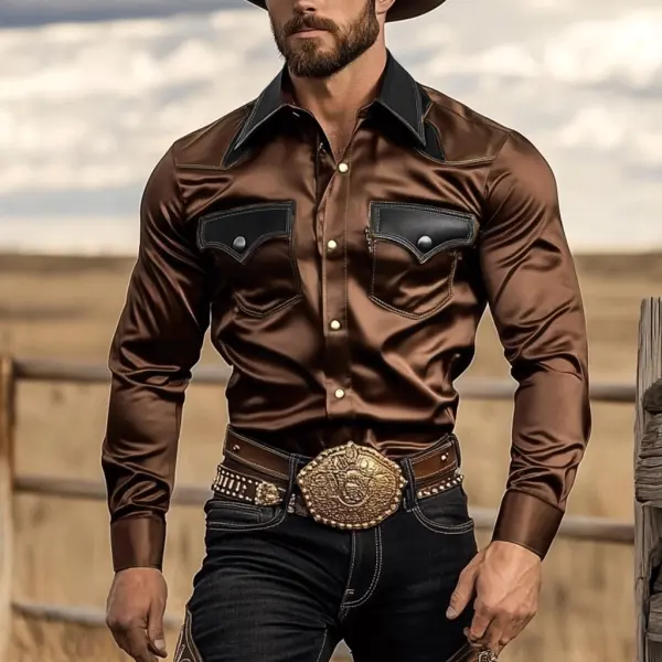 Men's Western Satin Stitching Simple Long Sleeve Shirt - Keymimi.com 