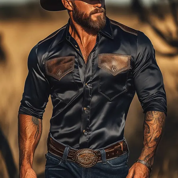 Men's Western Leather Panel Satin Long Sleeve Shirt - Keymimi.com 