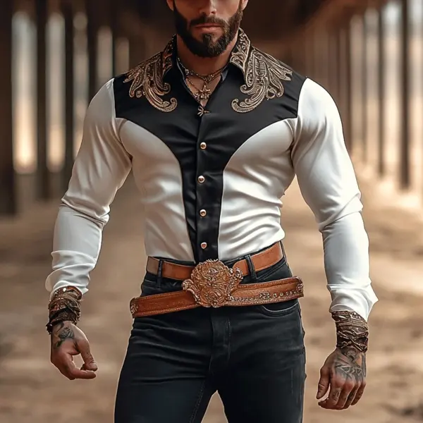 Men's Western Satin Stitching Temperament Long Sleeve Shirt - Menilyshop.com 