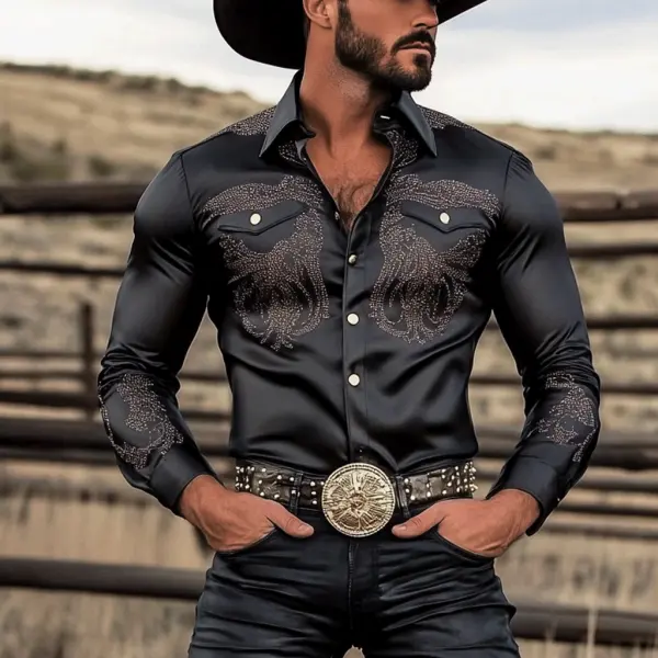 Men's Western Ethnic Print Satin Long Sleeve Shirt - Craftshock.com 