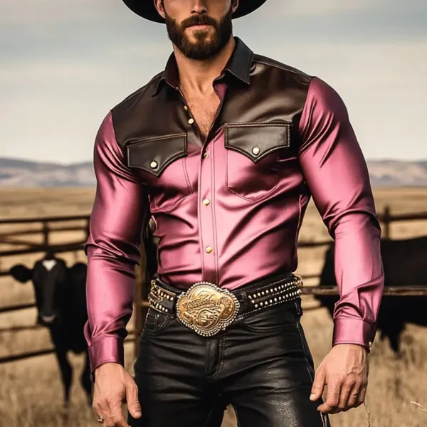 Men's Western Satin Leather Stitching Temperament Long Sleeve Shirt - Trisunshine.com 