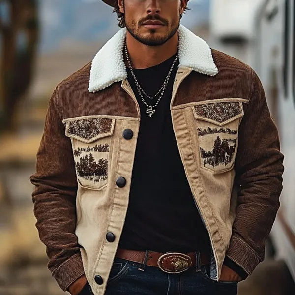 Men's Vintage Western Cowboy Printed Sherpa Jacket - Nicheten.com 