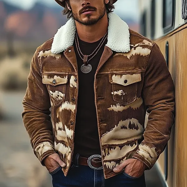 Men's Vintage Western Cowboy Printed Sherpa Jacket - Nicheten.com 