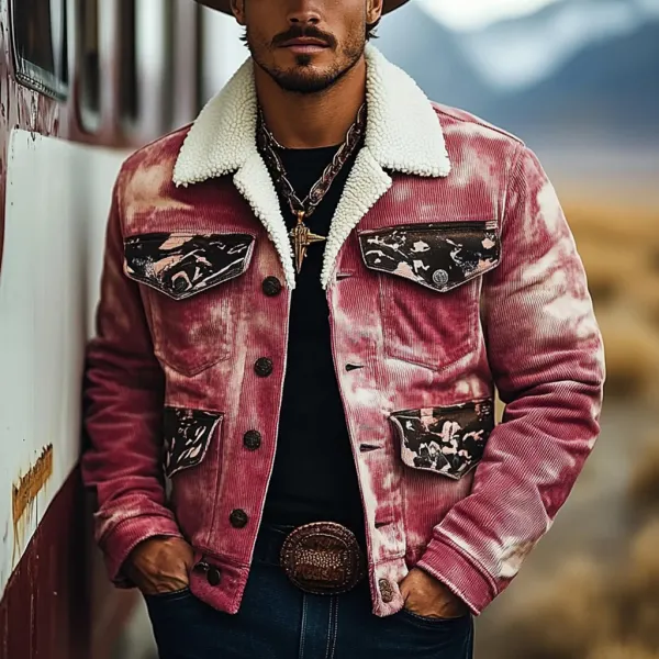 Men's Vintage Western Cowboy Printed Sherpa Jacket - Trisunshine.com 