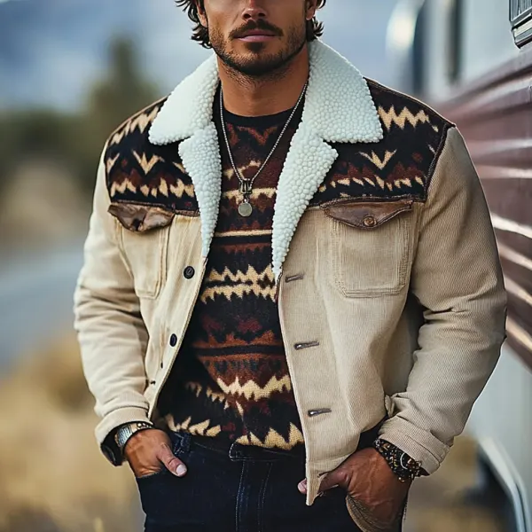 Men's Vintage Western Cowboy Printed Sherpa Jacket - Trisunshine.com 